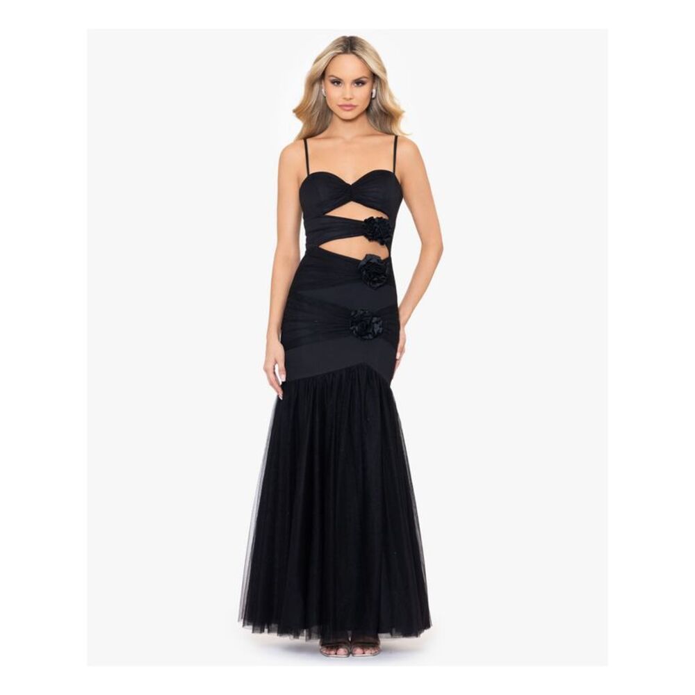 BLONDIE NITES Womens Dress Black Mesh Formal Rosettes Lined Juniors 0